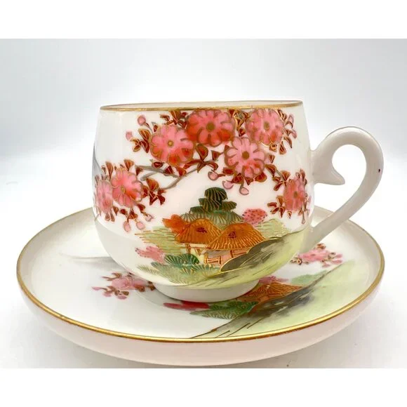 Vintage Japanese Geisha Lithophane Demitasse Teacup Saucer Cherry Blossoms Gilt - Picture 7 of 8